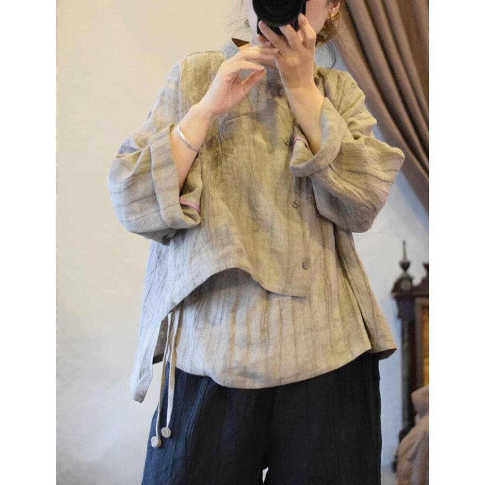 Women's Linen Asymmetrical Shirt Top Irregular Hem Tie Retro Stand Collar Button - Picture 6 of 9